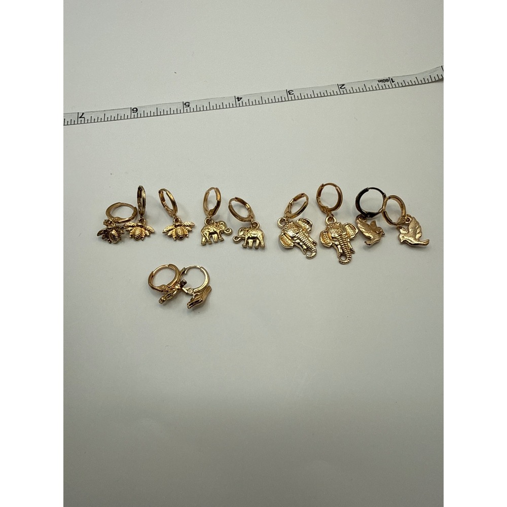 Gold Tone Animal Huggie Hoop Earrings Lot Bee Elephant Bird Dangle Jewelry Set